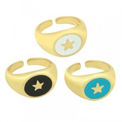 Enameled Brass Finger Ring Round with Star 21mm/15x13mm