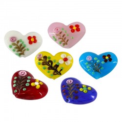 Glass Bead Heart w/ Flowers 30mm (Ø~1mm)