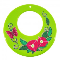 Acrylic Pendant Round Circle w/ Flowers & Butterfly 65mm