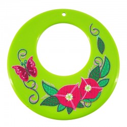 Acrylic Pendant Round Circle w/ Flowers & Butterfly 65mm