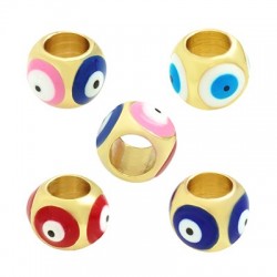 Enameled Brass Bead Cube with Evil Eye 8x6mm Ø4mm