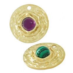 Stainless Steel 304 Charm Round Hammered with Stone 19mm