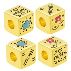 Brass Bead Cube "mom" w/ Flower Star & Enamel 10mm (Ø5.2mm)