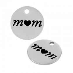 Stainless Steel 304 Charm Round “mom” w/ Heart 10mm/0.8mm