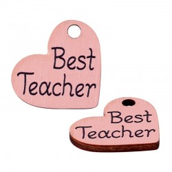 Charm di Legno Cuore 21x18mm con scritta "Best Teacher"