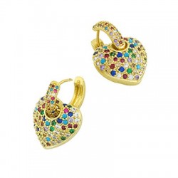 Brass Earring Hoop Heart w/ Zircon 16x24mm