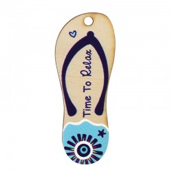 Wooden Pendant Flip Flop “Time To Relax” w/ Evil Eye 20x50mm