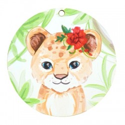 Wooden Pendant Round Lion w/ Flower 48mm