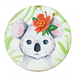 Wooden Pendant Round Koala w/ Flower 48mm
