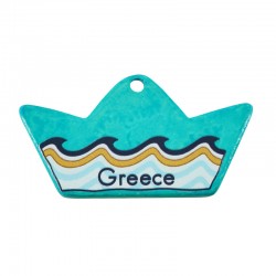 Ceramic Pendant Boat "Greece" w/ Wave & Sea 68x39mm
